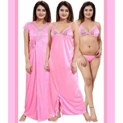 New 4Pc Best Quality Indian Night Dress (Pink)